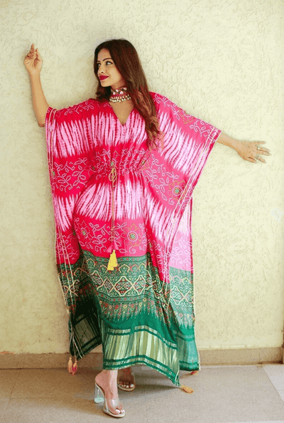 Pure Gaji Silk Bandhej Digital Print all in one size kaftan dress for women - Uboric