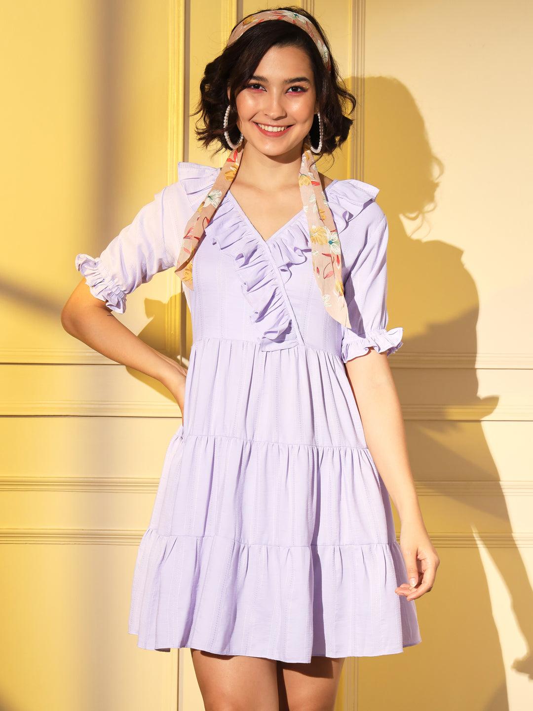 Purple Viscose Textured Pattern Solid Flared Dress - Uboric