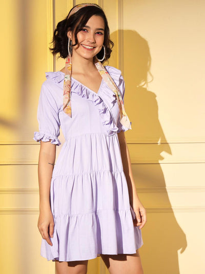 Purple Viscose Textured Pattern Solid Flared Dress - Uboric