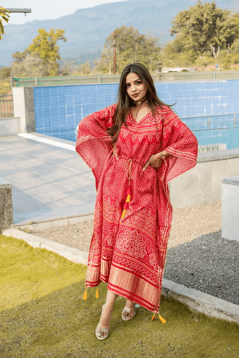 Red Pure Gaji Silk all in one Kaftan With Bandhej Digital Print - Uboric