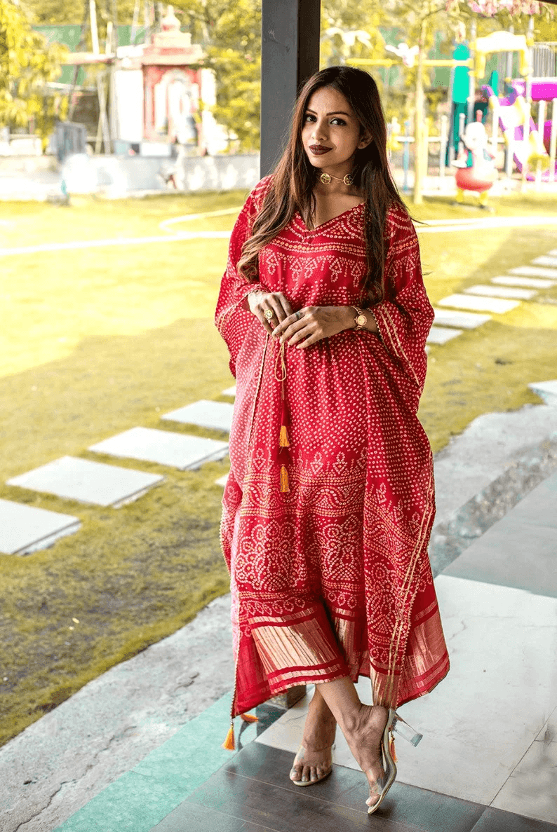 Red Pure Gaji Silk all in one Kaftan With Bandhej Digital Print - Uboric