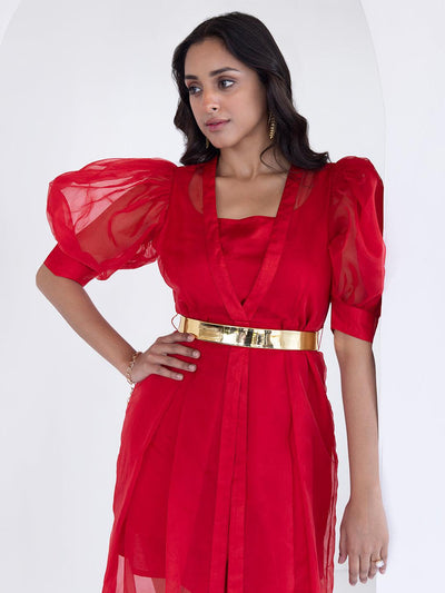 Ribbon Red Organza Dress - Uboric