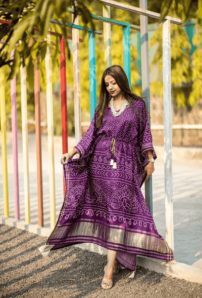 Royal Purple semi gaji silk bandhani gown kaftan for women - Uboric