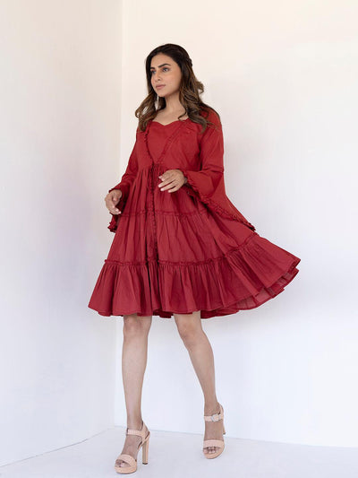 Rythmic Rustic Red Frill Dress - Uboric