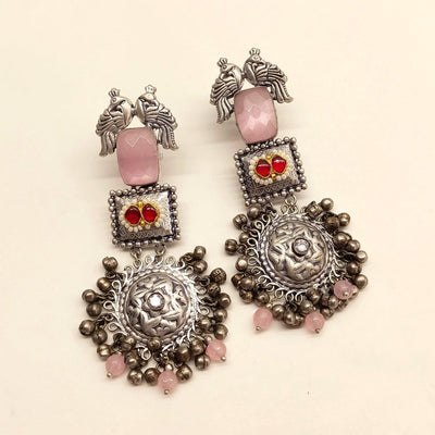 Sadiya Baby Pink And Silver Oxidized Earrings - Uboric