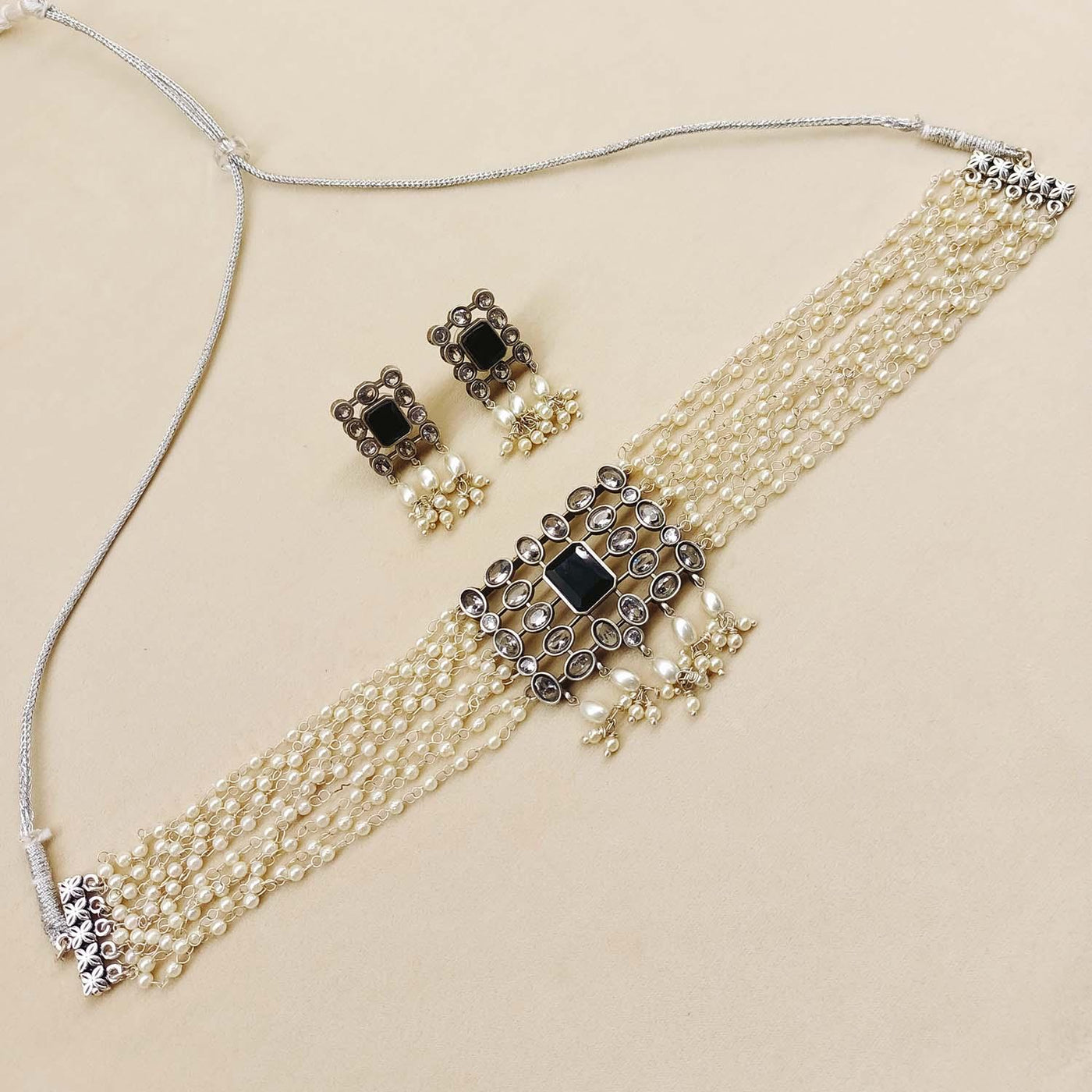 Samantha Black Diamond Stone Oxidized Silver Plated Necklace Set - Uboric