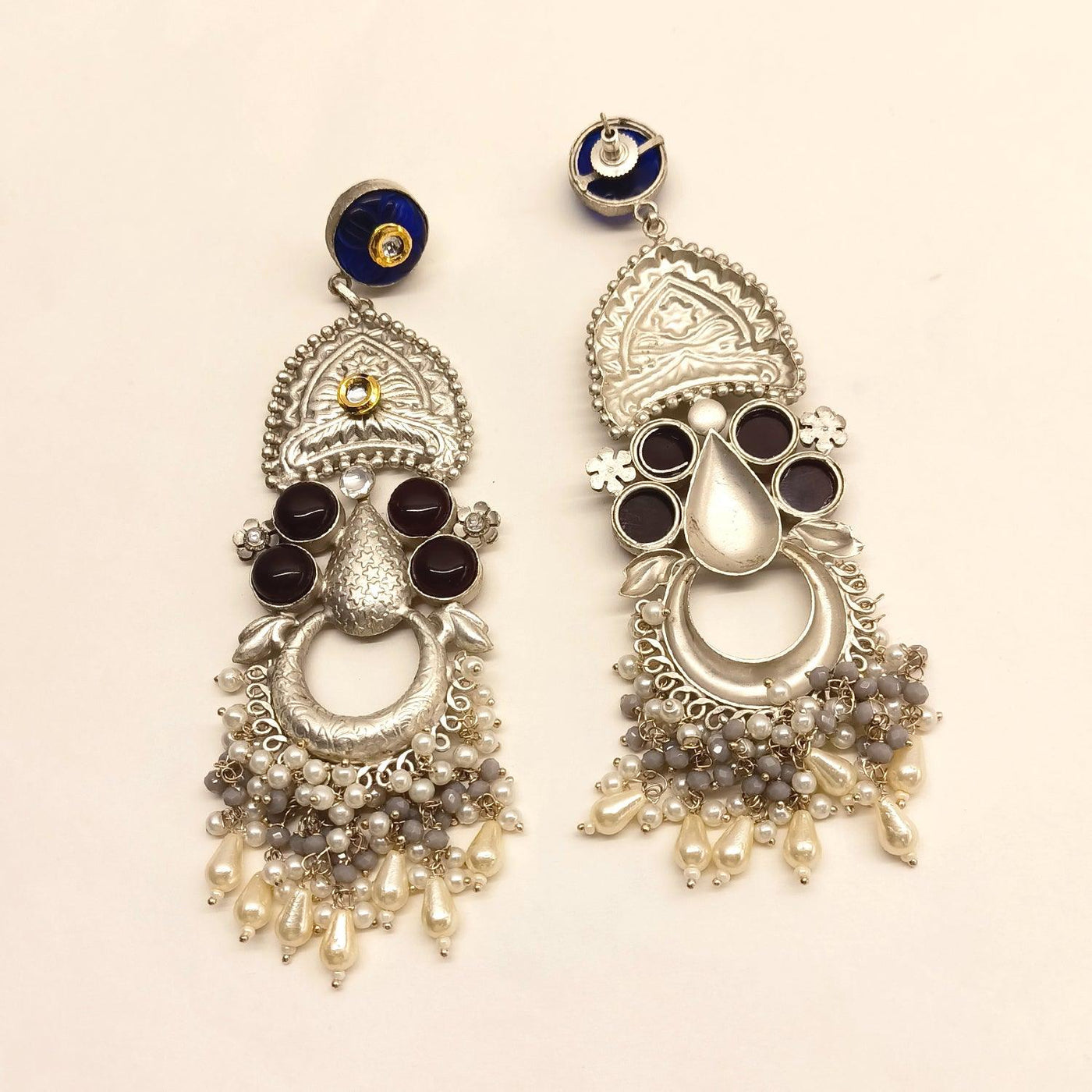 Sharvi Long Oxidised Silver Blue Earrings - Uboric