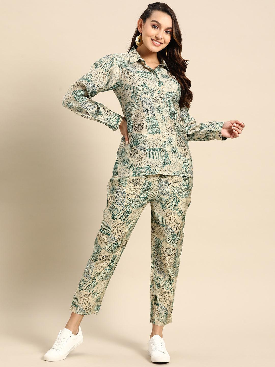 Stylish Green Poly Chanderi Printed Top With Matching Trouser - Uboric