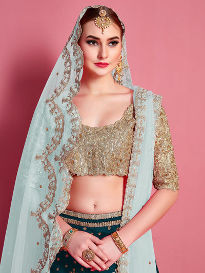 Teal EmbroideredStitched Lehenga With Unstitched Blouse (Fully Stitched & Ready to Wear) - Uboric