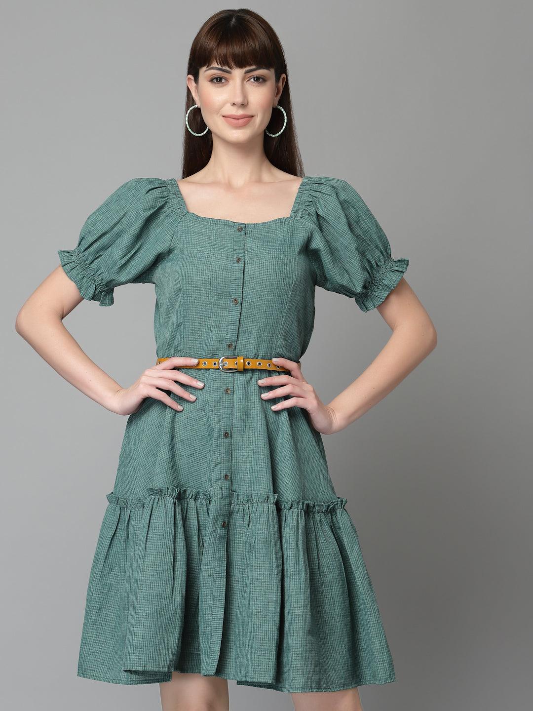 Teal-Green Cotton Flared Dress - Uboric
