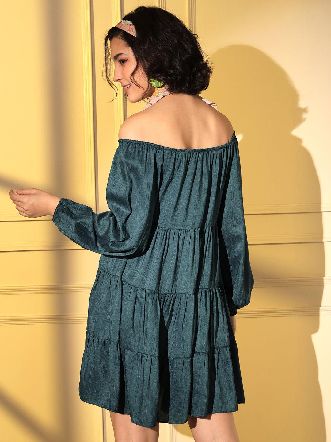 Teal Viscose Textured Pattern Solid Design Flared Dress - Uboric