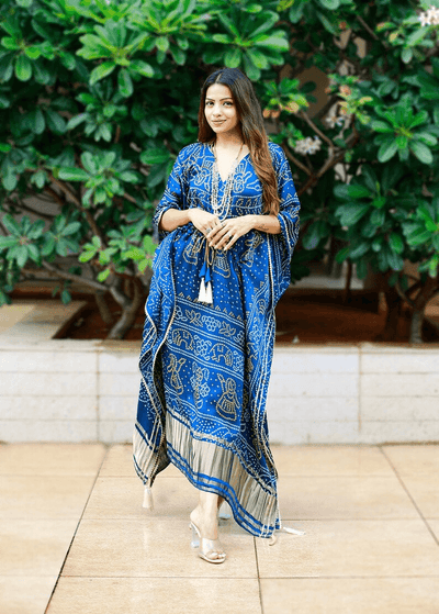 Turquoise Pure Gaji Silk all in one size Kaftan With Bandhej Digital Print - Uboric