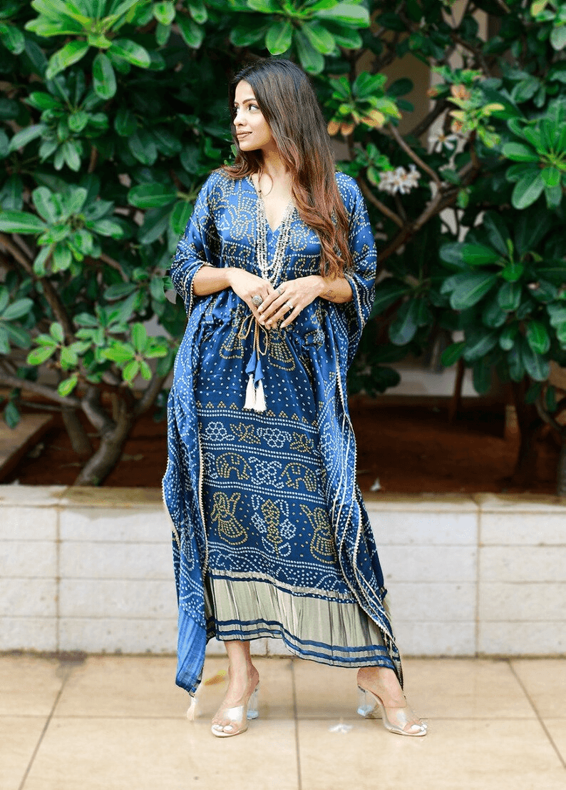 Turquoise Pure Gaji Silk all in one size Kaftan With Bandhej Digital Print - Uboric