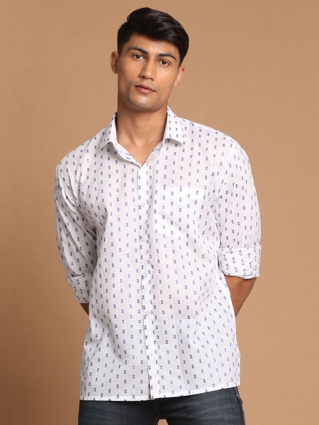 VASTRAMAY Men's Blue And White Woven Design Cotton Shirt - Uboric
