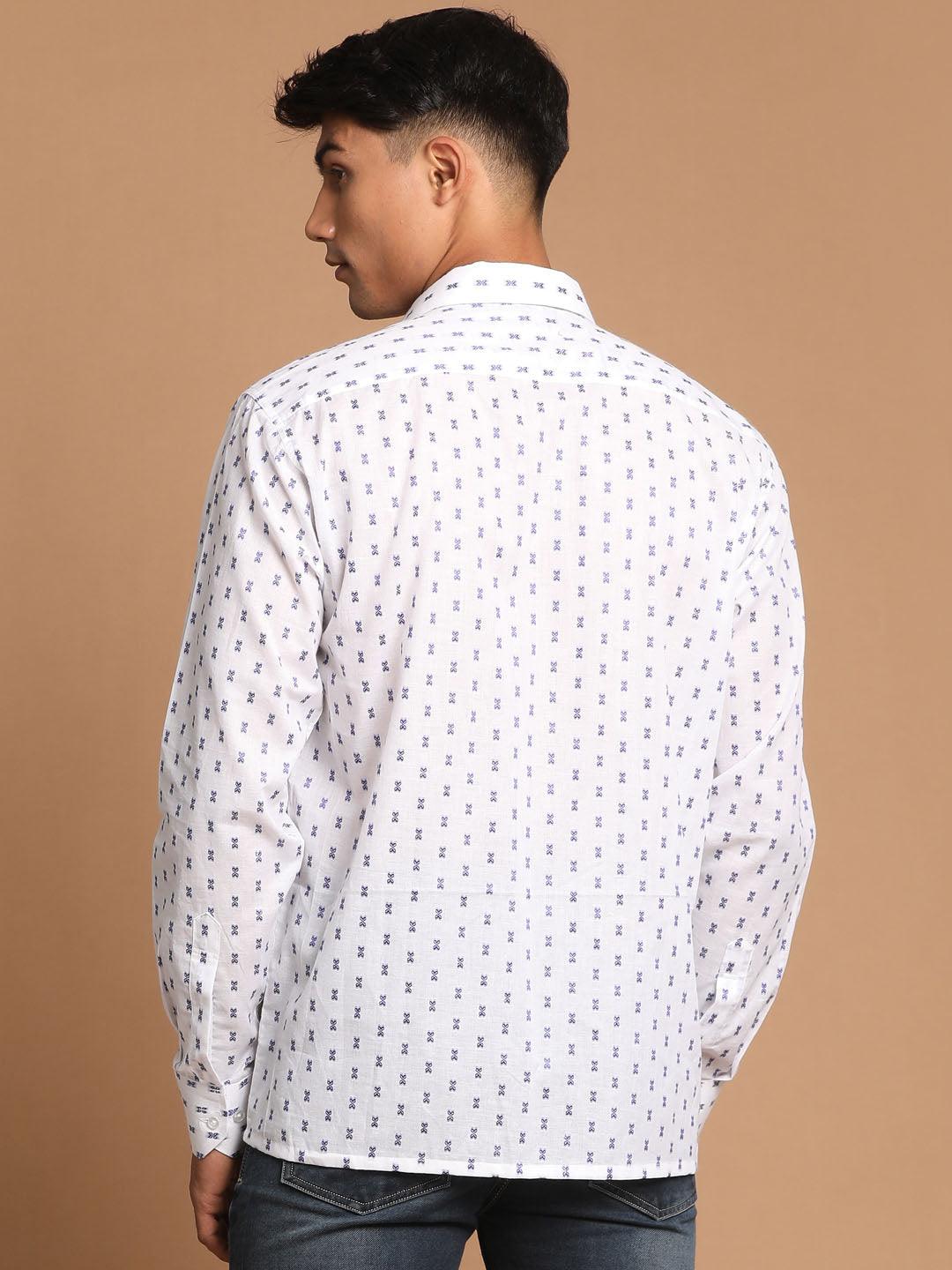 VASTRAMAY Men's Blue And White Woven Design Cotton Shirt - Uboric