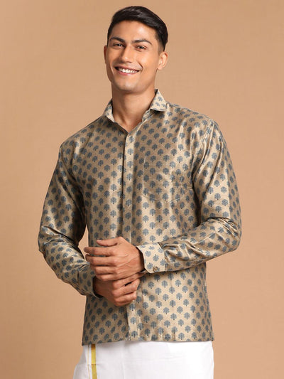 VASTRAMAY Men's Brown Silk Blend Printed Shirt - Uboric