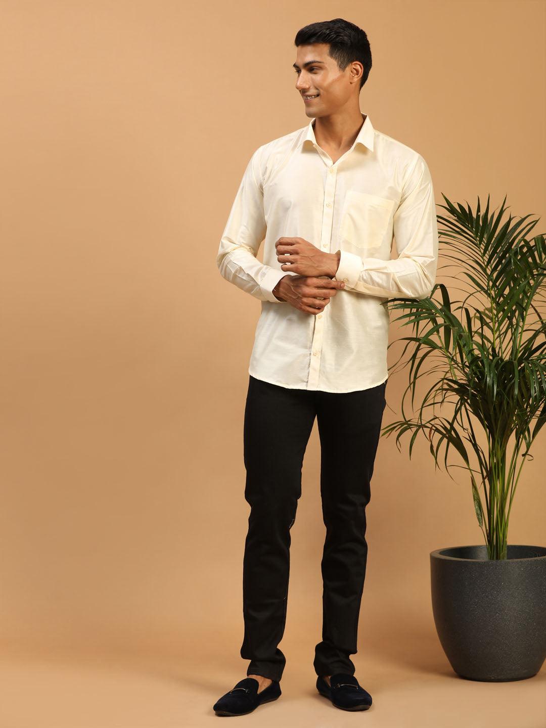 VASTRAMAY Men's Cream Silk Blend Ethnic Shirt - Uboric