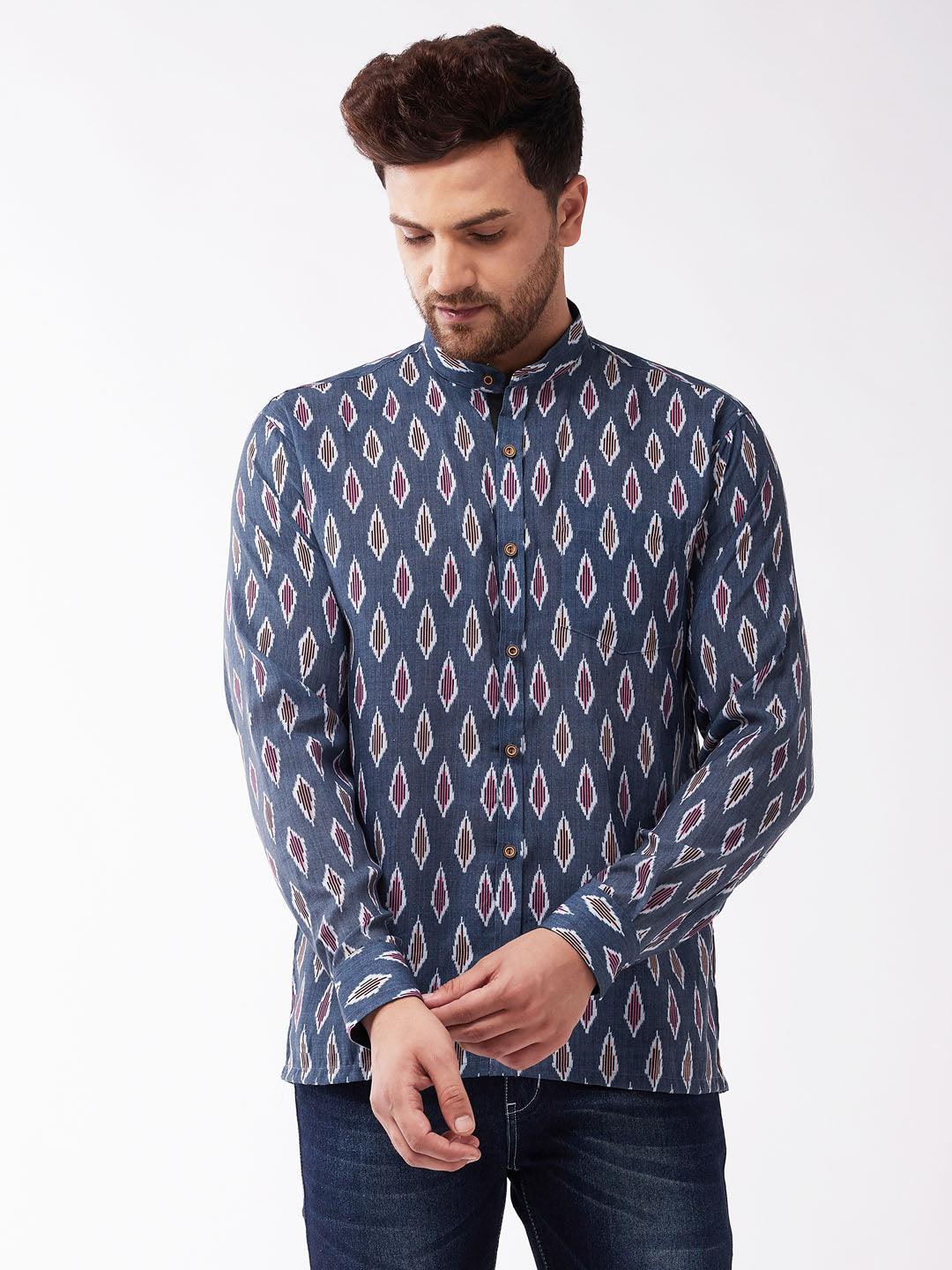 VASTRAMAY Men's Multicolour-Base-Grey Cotton Blend Ethnic Shirt - Uboric