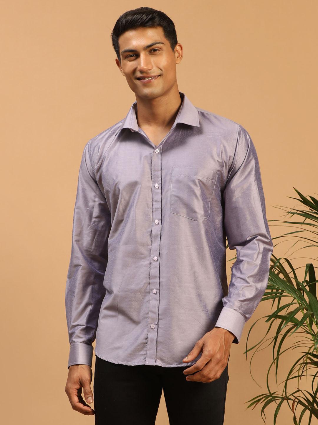 VASTRAMAY Men's Purple Silk Blend Ethnic Shirt - Uboric