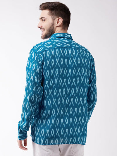 VASTRAMAY Men's Turquoise Cotton Blend Ethnic Shirt - Uboric