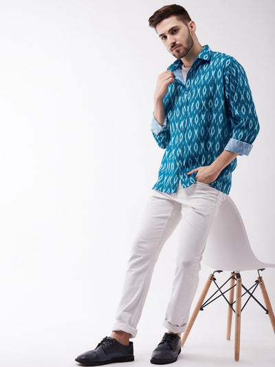 VASTRAMAY Men's Turquoise Cotton Blend Ethnic Shirt - Uboric