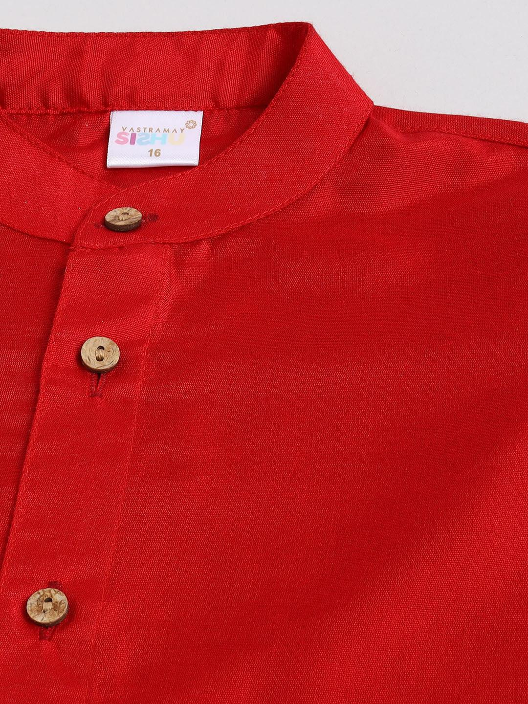 VASTRAMAY SISHU Boy's Aqua Blue Floral Silk Blend Nehru Jacket And Red Kurta Pyjama Set - Uboric