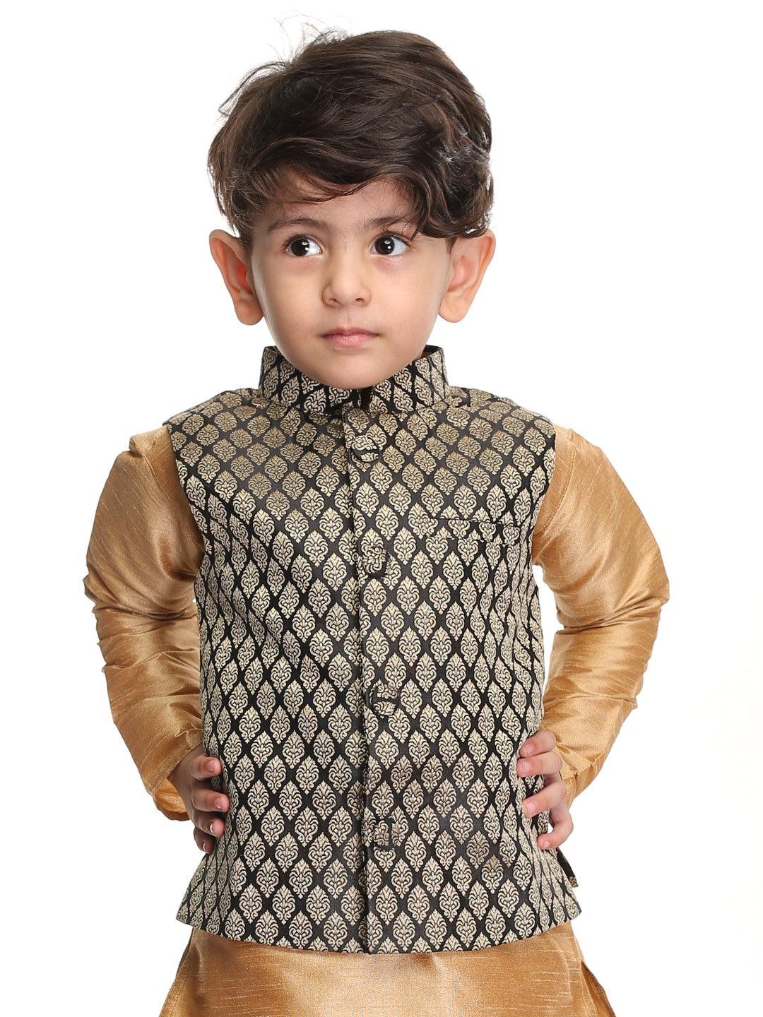 VASTRAMAY SISHU Boy's Black and Gold Silk Blend Nehru Jacket - Uboric