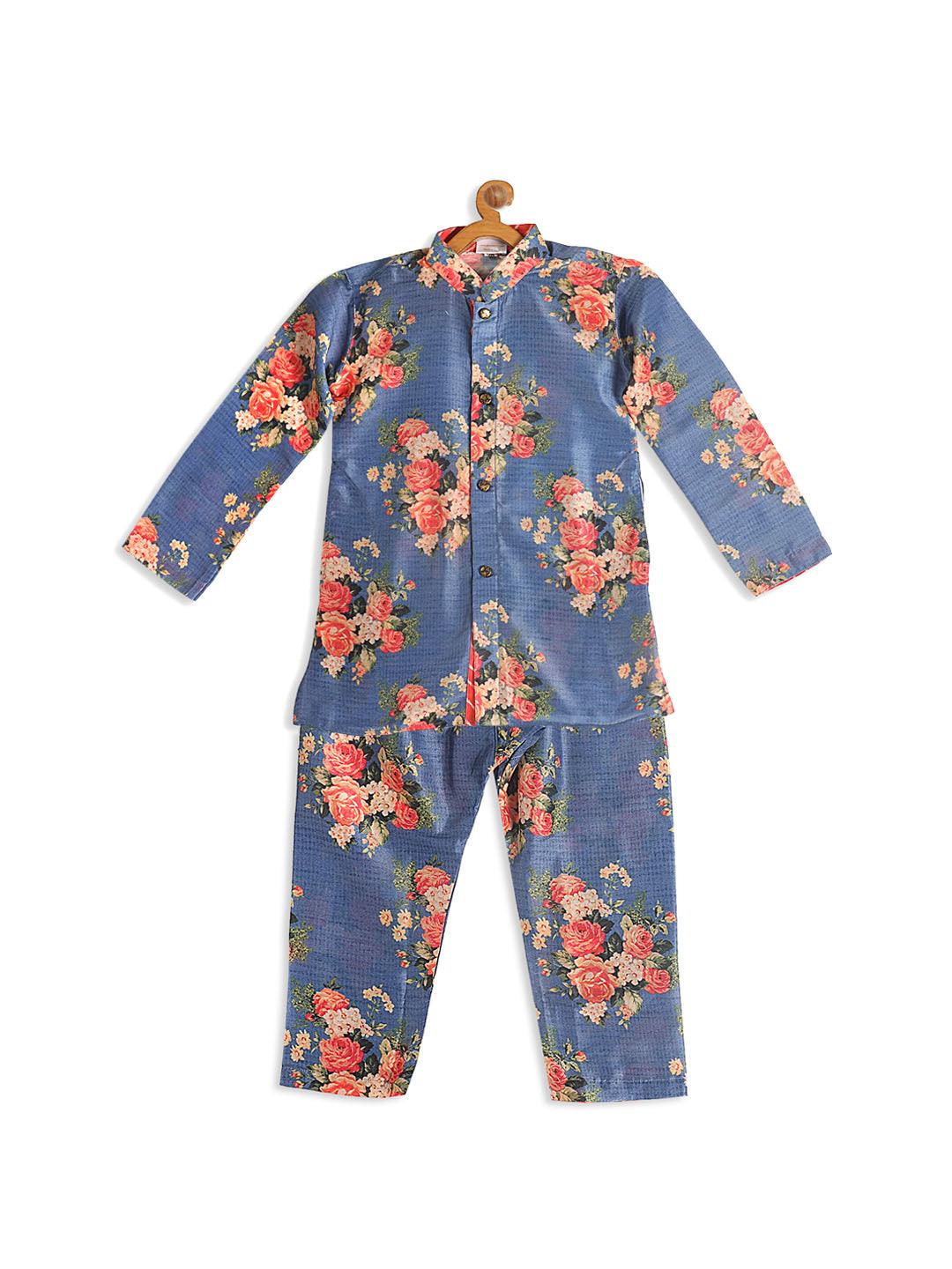 VASTRAMAY SISHU Boy's Blue Floral Printed Kurta With Pyjama Set - Uboric