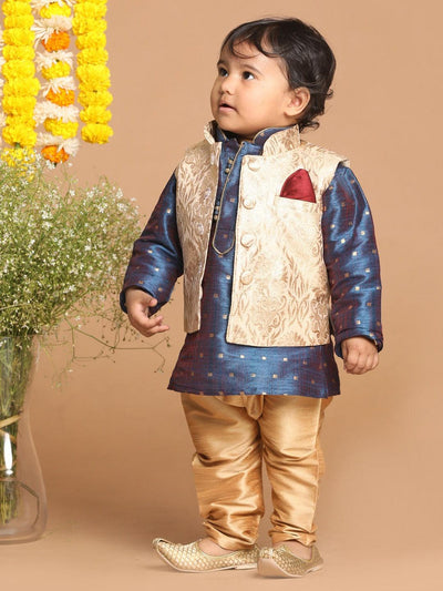 VASTRAMAY SISHU Boy's Blue Printed Kurta with Rose Gold Pyjamas & Nehru Jacket - Uboric