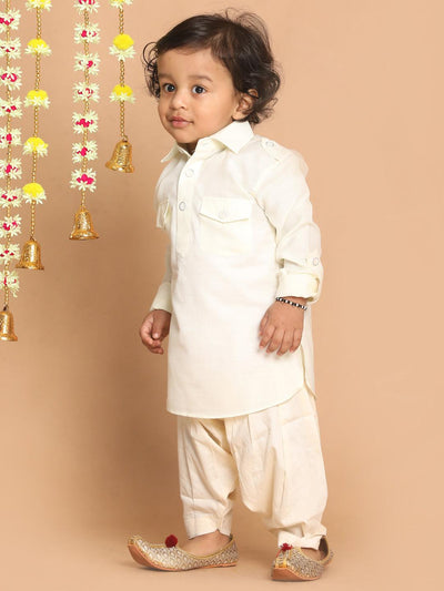 VASTRAMAY SISHU Boy's Cream Pathani Kurta With Patiala Set - Uboric