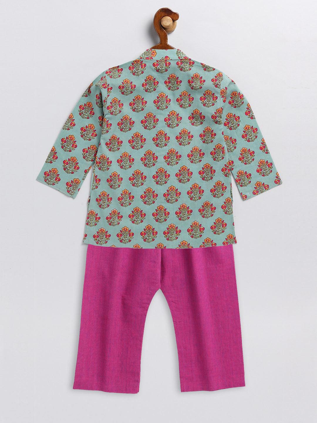 VASTRAMAY SISHU Boy's Green and Magenta Floral Printed Cotton Kurta Pyjama Set - Uboric