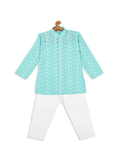 VASTRAMAY SISHU Boy's Green Chikankari Pure Cotton Kurta With White Pyjama Set - Uboric