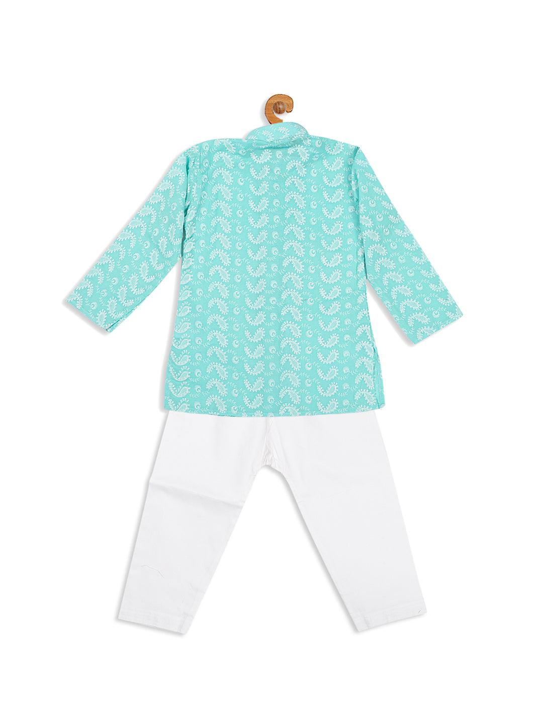 VASTRAMAY SISHU Boy's Green Chikankari Pure Cotton Kurta With White Pyjama Set - Uboric