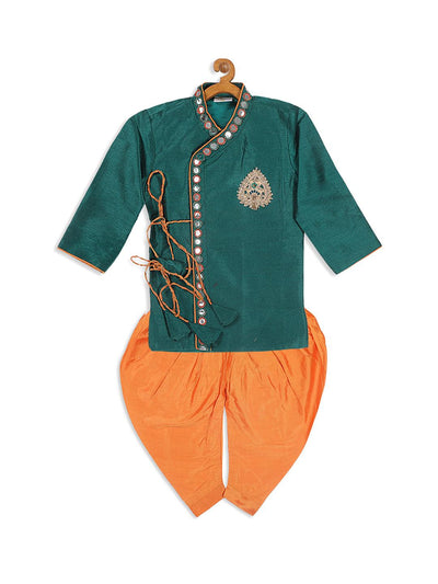 VASTRAMAY SISHU Boy's Green Embroidered Angrakha Mirror Work Kurta with Dhoti Pants - Uboric