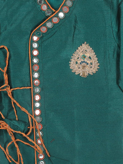 VASTRAMAY SISHU Boy's Green Embroidered Angrakha Mirror Work Kurta with Dhoti Pants - Uboric