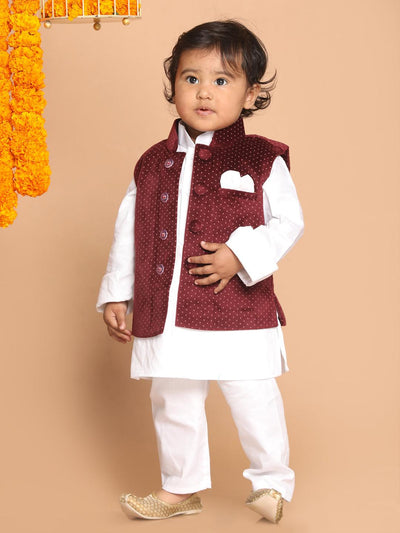 VASTRAMAY SISHU Boy's Maroon Printed Kurta with Pyjamas & Nehru Jacket - Uboric