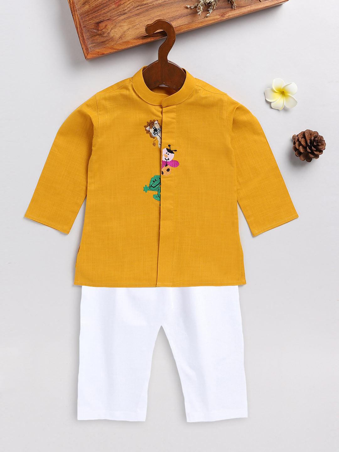 VASTRAMAY SISHU Boy's Mustard and White Cotton Kurta Pyjama Set - Uboric