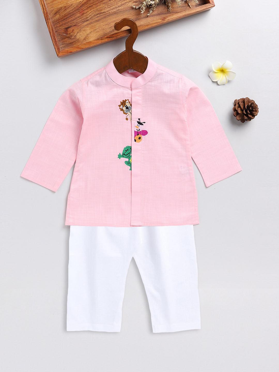 VASTRAMAY SISHU Boy's Pink and White Cotton Kurta Pyjama Set - Uboric