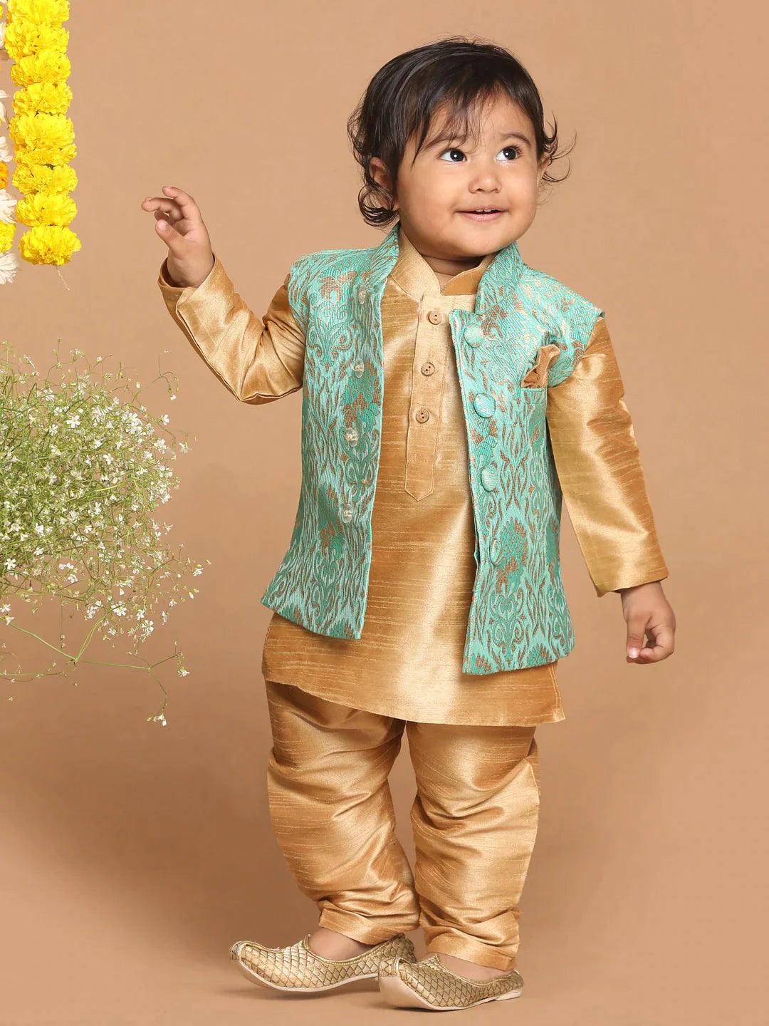 VASTRAMAY SISHU Boy's Rose Gold & Green Kurta Set with Nehru Jacket - Uboric