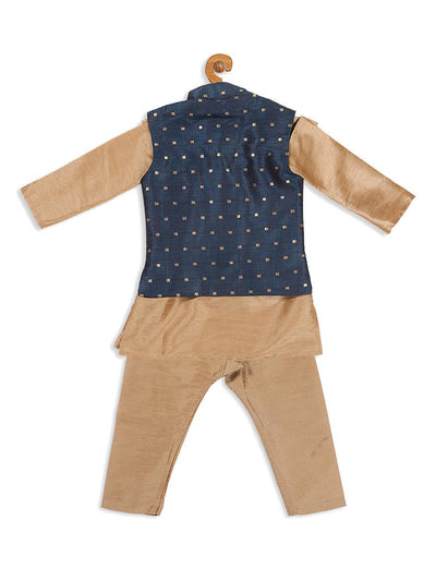 VASTRAMAY SISHU Boy's Rose Gold Kurta Pyjama With Blue Woven Nehru Jacket - Uboric