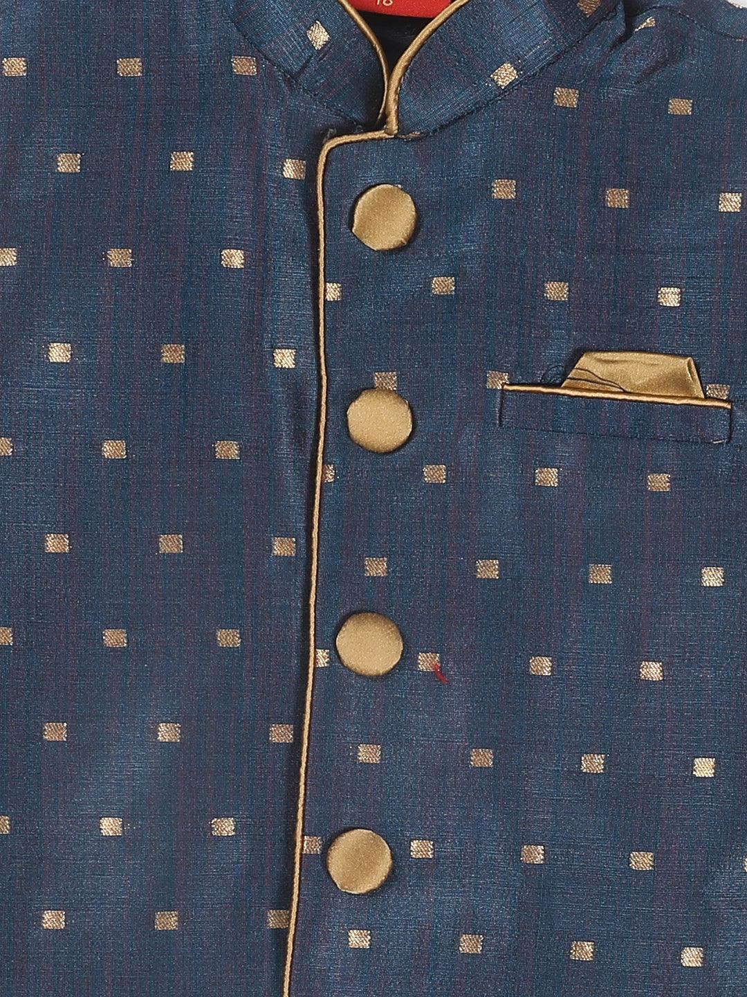 VASTRAMAY SISHU Boy's Rose Gold Kurta Pyjama With Blue Woven Nehru Jacket - Uboric