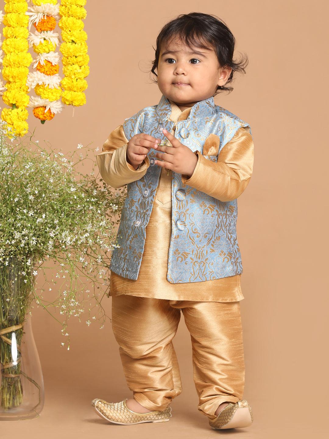 VASTRAMAY SISHU Boy's Rose Gold Kurta Set With Grey Nehru Jacket Set - Uboric