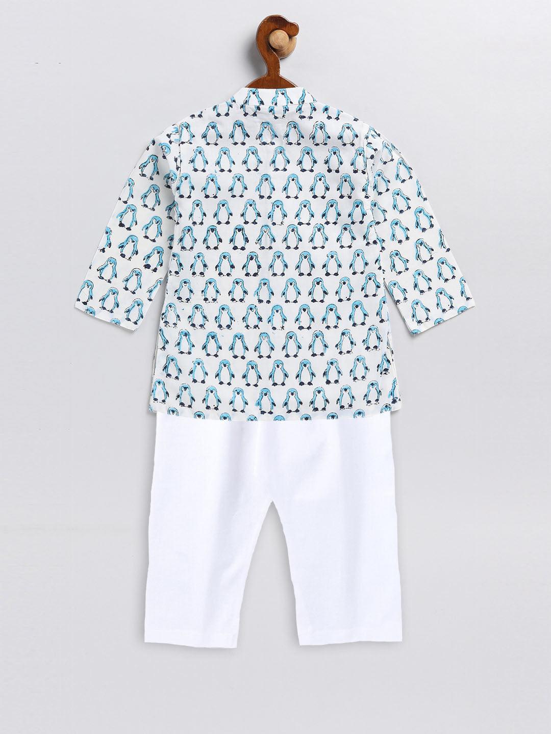 VASTRAMAY SISHU Boy's White and Blue Penguin Printed Cotton Kurta Pyjama Set - Uboric