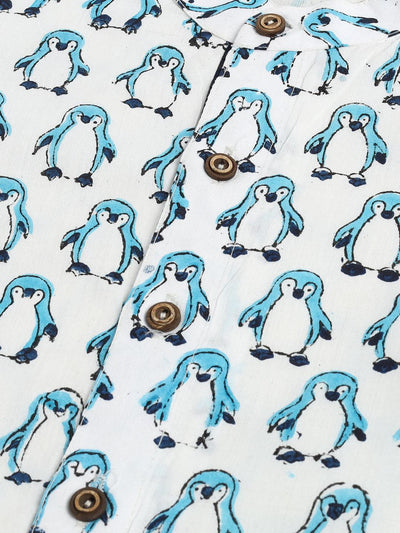 VASTRAMAY SISHU Boy's White and Blue Penguin Printed Cotton Kurta Pyjama Set - Uboric