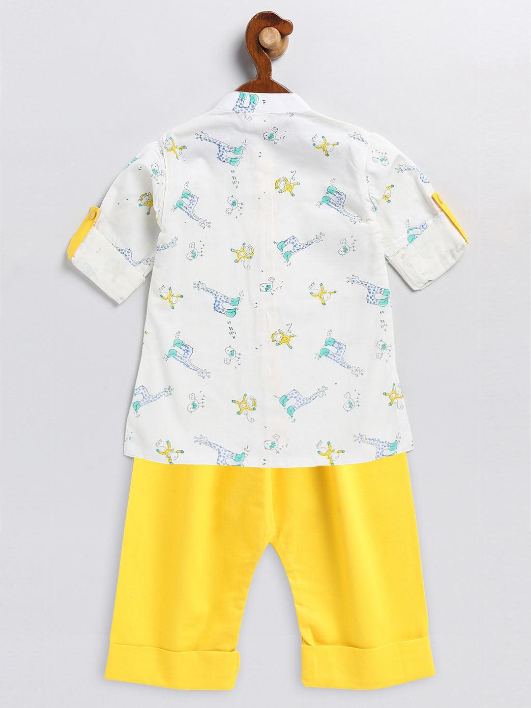 VASTRAMAY SISHU Boy's White and Yellow Animals Printed Cotton Kurta Pyjama Set - Uboric