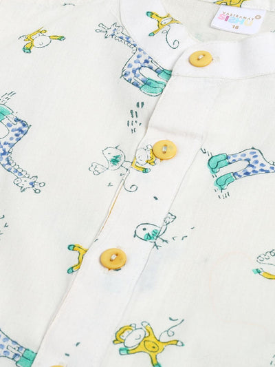 VASTRAMAY SISHU Boy's White and Yellow Animals Printed Cotton Kurta Pyjama Set - Uboric