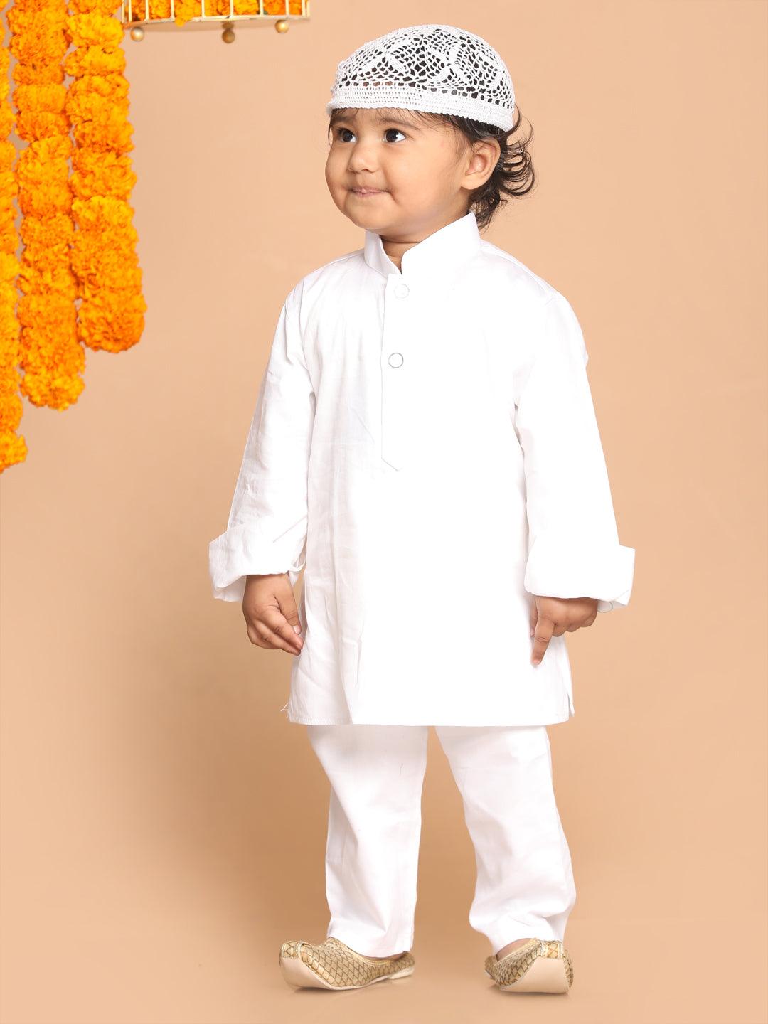 VASTRAMAY SISHU Boy's White Kurta And Pyjamas With Cap - Uboric