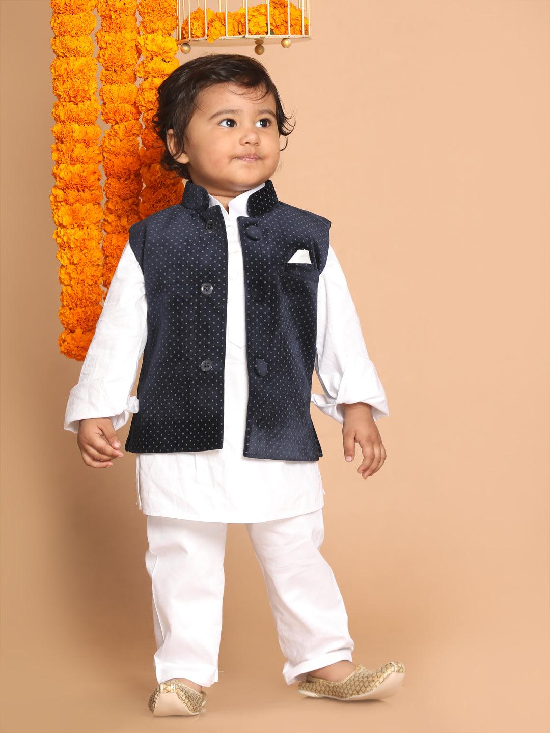 VASTRAMAY SISHU Boy's White Kurta with Pyjamas & Black  Nehru Jacket - Uboric