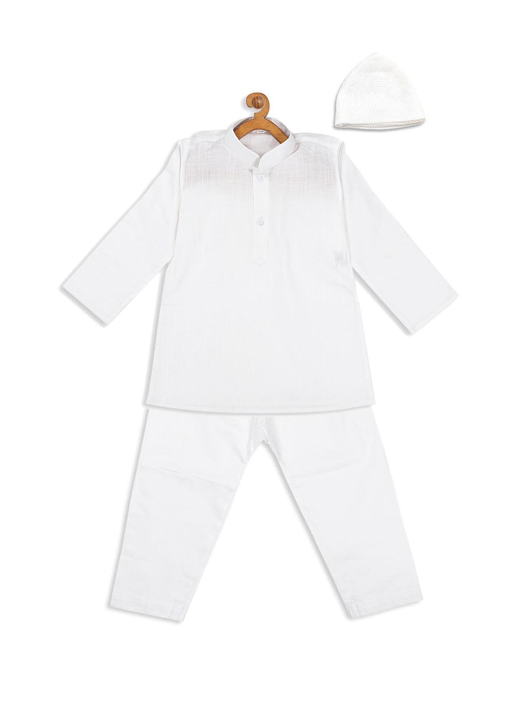 VASTRAMAY SISHU Boy's White Pure Cotton Kurta And Pyjama With Prayer Cap - Uboric