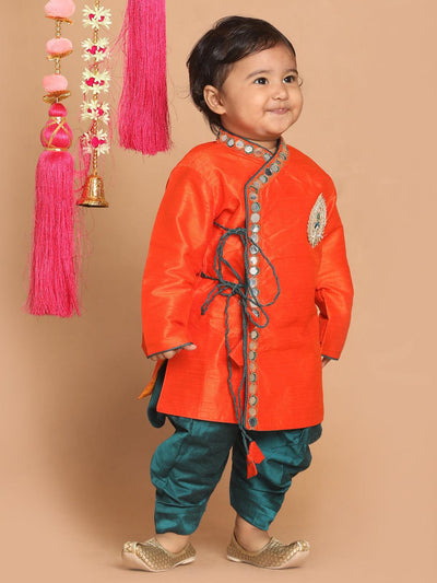 VASTRAMAY SISHU Boys Orange Embroidered Angrakha Mirror Work Kurta With Dhoti Pants - Uboric